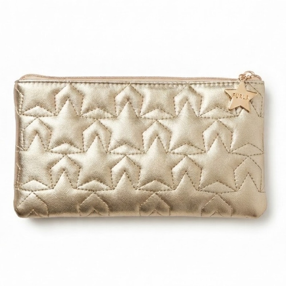 Furla Gold Metallic Quilted Star Leather Cosmetic Pouch Makeup Bag 8"W x 4.5" H